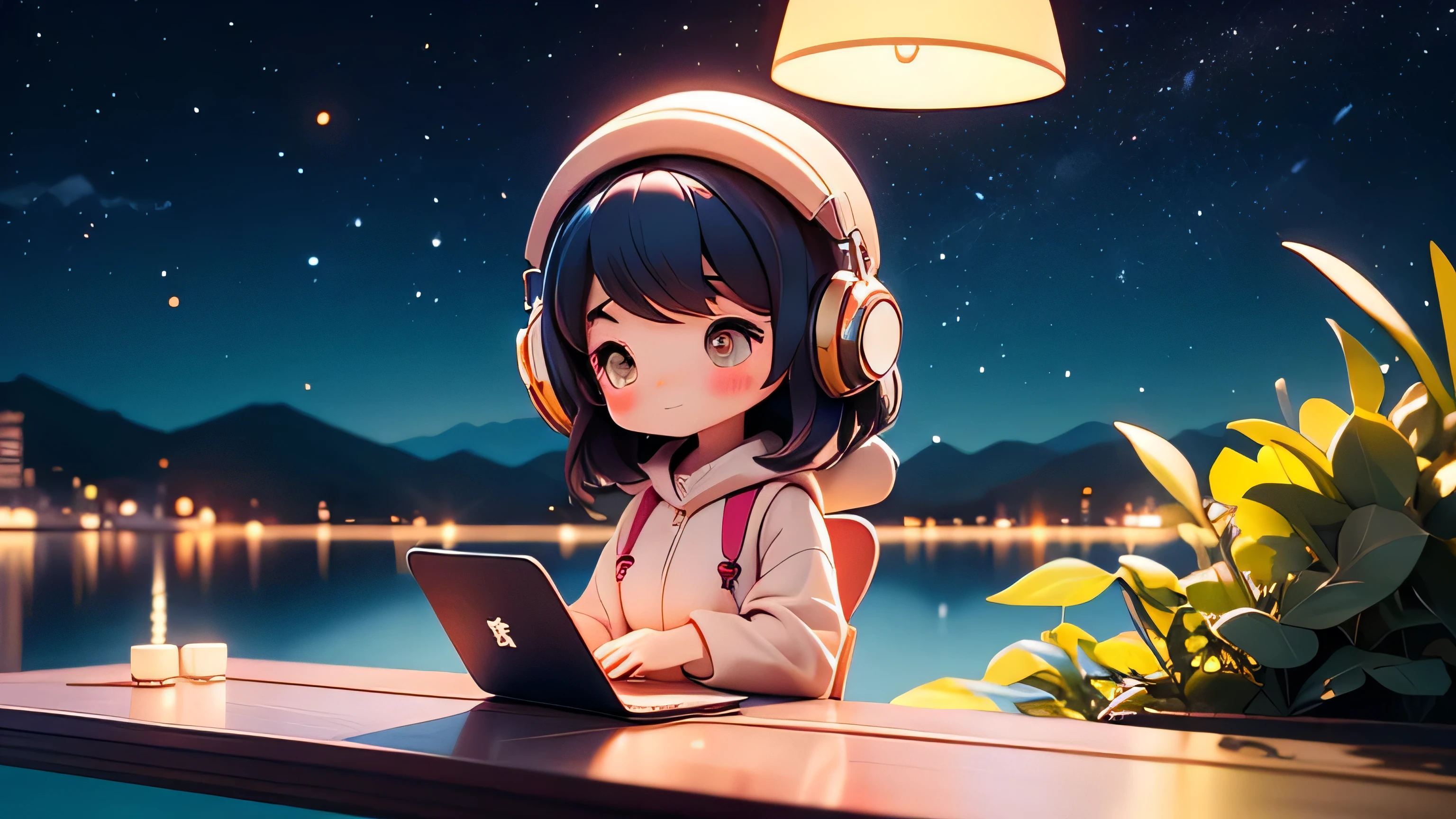 lOfiMusic Japanese anime style Girl studying in a cafe earphone Warm lighting Night sky seen from the lake、Many Stars、No person