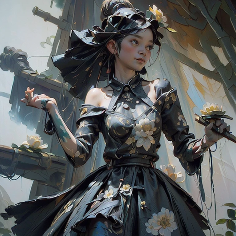 ((Create), (young girl, , naked, full growth, dark hair, light skin, scarlet lips, smile; black, expressive playful eyes, long eyelashes), (female naked body, fantastic space), (flowers, chrysanthemum lilies, peonies, 1 full-length girl-solo, beautiful breasts), (girl, bare shoulders, (ecchi0.5), lips, splash of water, (Flowers:0.6), (birds:0.2), (bamboo0.1) , (lakes), (very beautiful, naked girl, full height, relaxed pose, slight turn of the body, facing the viewer, beautiful small breasts), (dressed; black translucent chiffon dress, gold line, very short peignoir dress), (calm relaxed pose, hair fluttering in the wind, half turn, look at the viewer, stylish girl model)).((Background - fantastic space, flower garden, graphic clear line, stylized - graphic, (lily flowers, peonies, chrysanthemums ) - (stunning blooming irises; (purple, yellow, blue, white), (modern style, modern, very beautiful young girl). (High quality, masterpiece). ((The highest quality of workmanship, realism, oil painting, modern brushwork, the hand of a master, grace, simplicity of execution)).