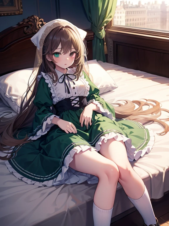 masterpiece, highest quality, Very detailed, 16k, Ultra-high resolution, Cowboy Shot, One 12-year-old girl, Detailed face, Perfect Fingers, suiseiseki, bonnet, head scarf, heterochromia, green dress, neck ribbon, twin drills, white socks, shoes, Western-style building, classical European style bedroom, Lying down