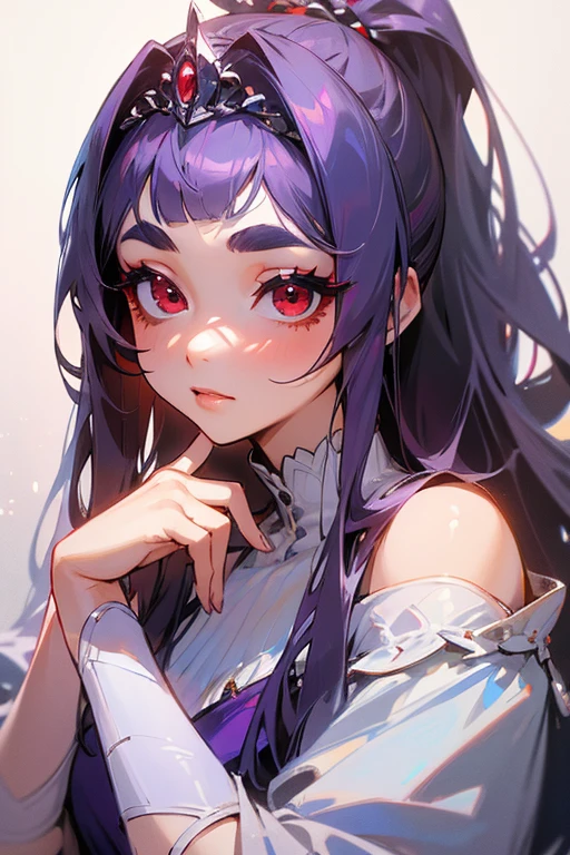 (highest quality, masterpiece:1.2), High resolution, Very detailed, Realistic:1.37, Fantasy, An illustration, Hair is whiteいです、Red eyes、Queen, Violet Dress.Platinum decoration、beautifully、Eyeshadow Red、Thick eyebrows、Long eyelashes、pupils are black、Hair is whiteい、Kissing Face、Embarrassing、Loved、ponytail、Hair is white、very cute、Shoulder Bare、platinum tiara、Beautiful hair ornaments、Adult Female Face、Make the dress purple、