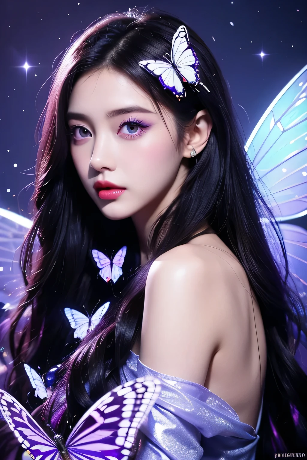 one-girl，Purple butterfly anthropomorphic，solo，Sparkling picture，shiny long black hair，Highlights of facial features，putting makeup on，Redlip，Eyes as bright as the Milky Way，Butterflies emit blue fluorescence，The girl is like a butterfly fairy，Purple lighting，Highest image quality，Best Masterpiece，Highest image quality，A high resolution
