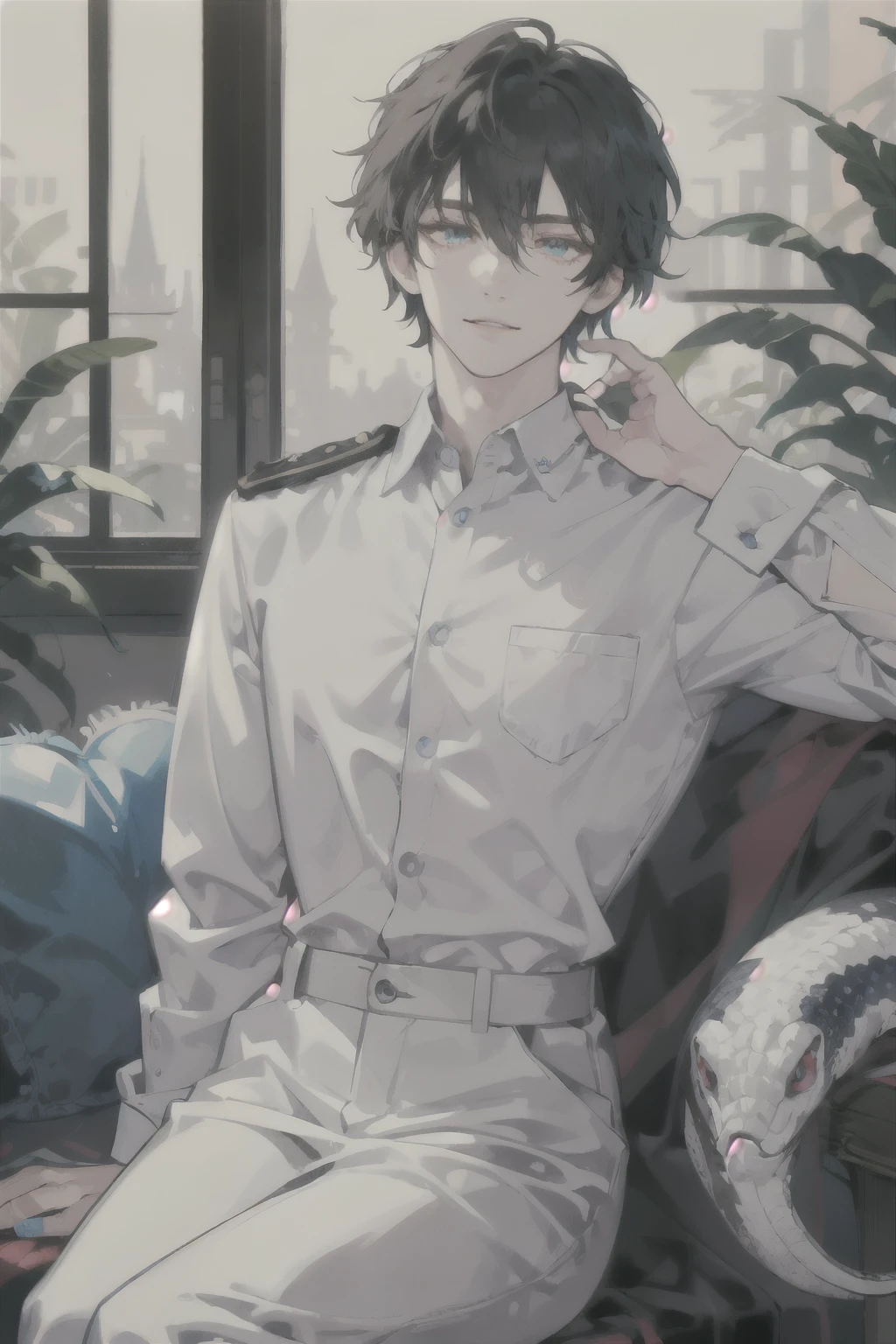 masterpiece, best quality, ultra detailed, (solo man), (male focus), ((Oblong face)), ((Square jawline)), black hair, ((hairs between eyes)), ((shoulder length)), ((narrow blue eye)), fair skin, skinny body, beauty mark, {uniform, outfit, clothes}, dress shirt, watch, big albino snake tangled, (Giving an insincere smile:0.7), sitting on chair
