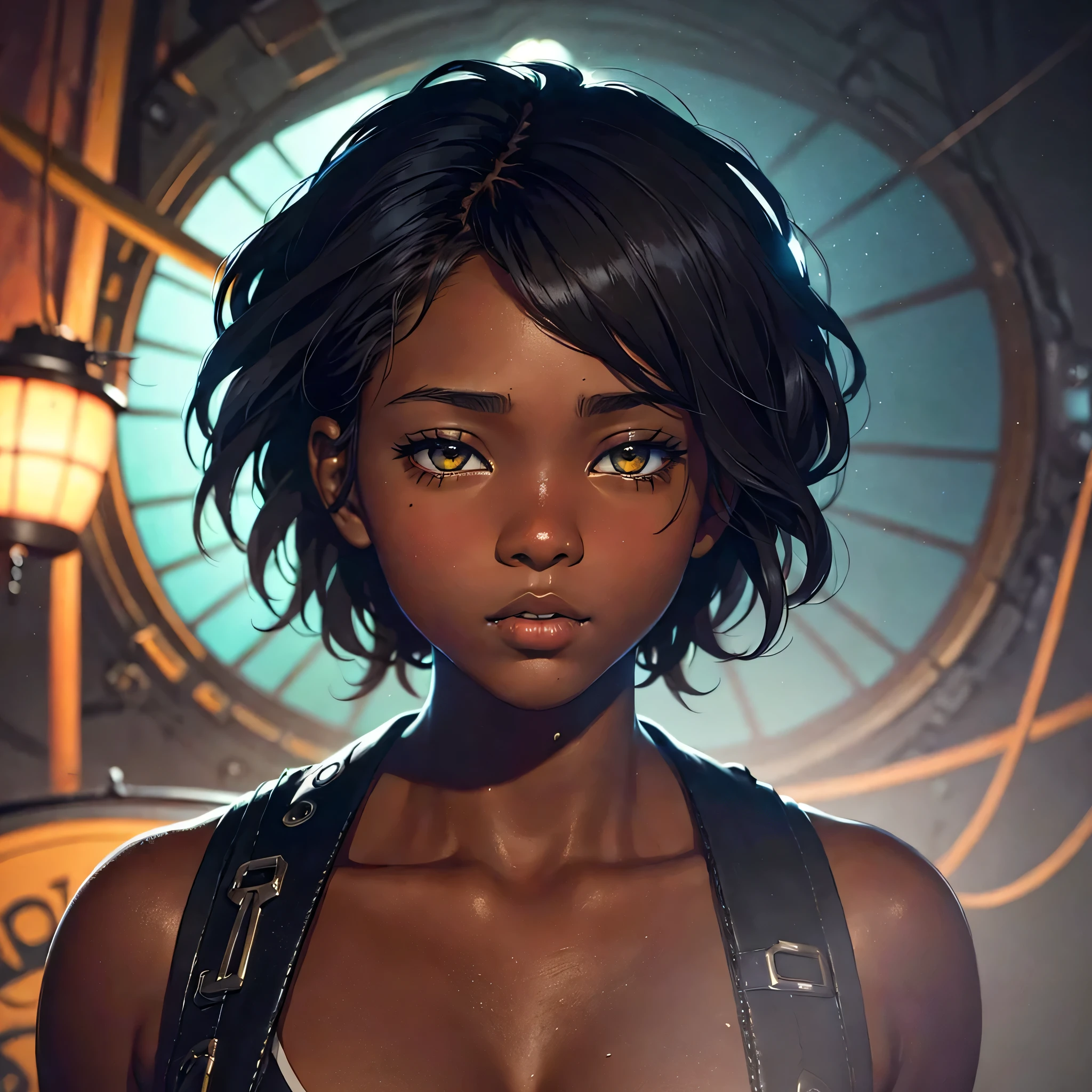 Dark-skinned tomboy girl with cut hair, Illustrated by Aoiro Studio and Masaaki Komori, hyper detailed, neons, lighting cinematic, peinture mate, illustrated in an oil painting style, Tendances sur ArtStation, Art contemporain, Surreal and dreamlike atmosphere.