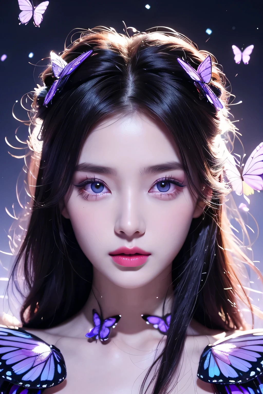 one-girl,Purple butterfly anthropomorphic,solo,Sparkling picture,shiny long black hair,Highlights of facial features,putting makeup on,Redlip,Eyes as bright as the Milky Way,Butterflies emit blue fluorescence,The girl is like a butterfly fairy,Purple lighting,Highest image quality,Best Masterpiece,Highest image quality,A high resolution