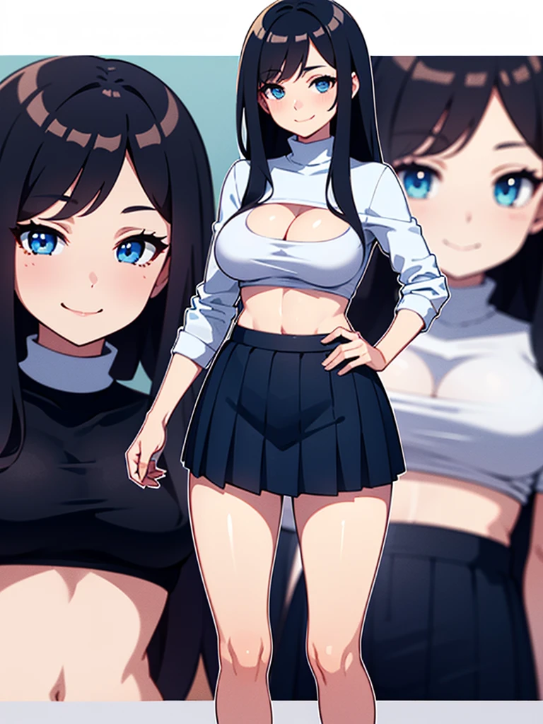 Girl, casual, sexy body, big breasts, cleavage, big hip, stockings, black pleated skirt with white line, white turtleneck shirt, crop top shirt, smiling, blushing, beautiful face, detailed face, very detailed eyes, long black hair, blue eyes, full body, high quality, detailed background, high resolution, shopping mall, 1 girl, 