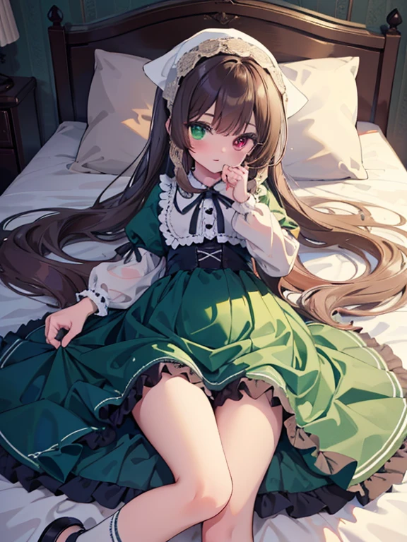 masterpiece, highest quality, Very detailed, 16k, Ultra-high resolution, Cowboy Shot, One 12-year-old girl, Detailed face, Perfect Fingers, suiseiseki, bonnet, head scarf, heterochromia, green dress, neck ribbon, twin drills, white socks, shoes, Western-style building, classical European style bedroom, Lying down