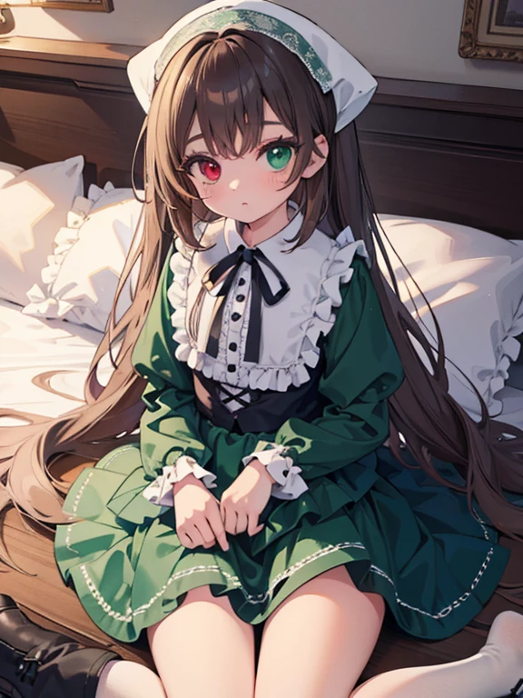 masterpiece, highest quality, Very detailed, 16k, Ultra-high resolution, Cowboy Shot, One ****************, Detailed face, Perfect Fingers, suiseiseki,  bonnet, head scarf, heterochromia, green dress, neck ribbon, twin drills, white socks, shoes, Western-style building, classical European style bedroom, Lying down