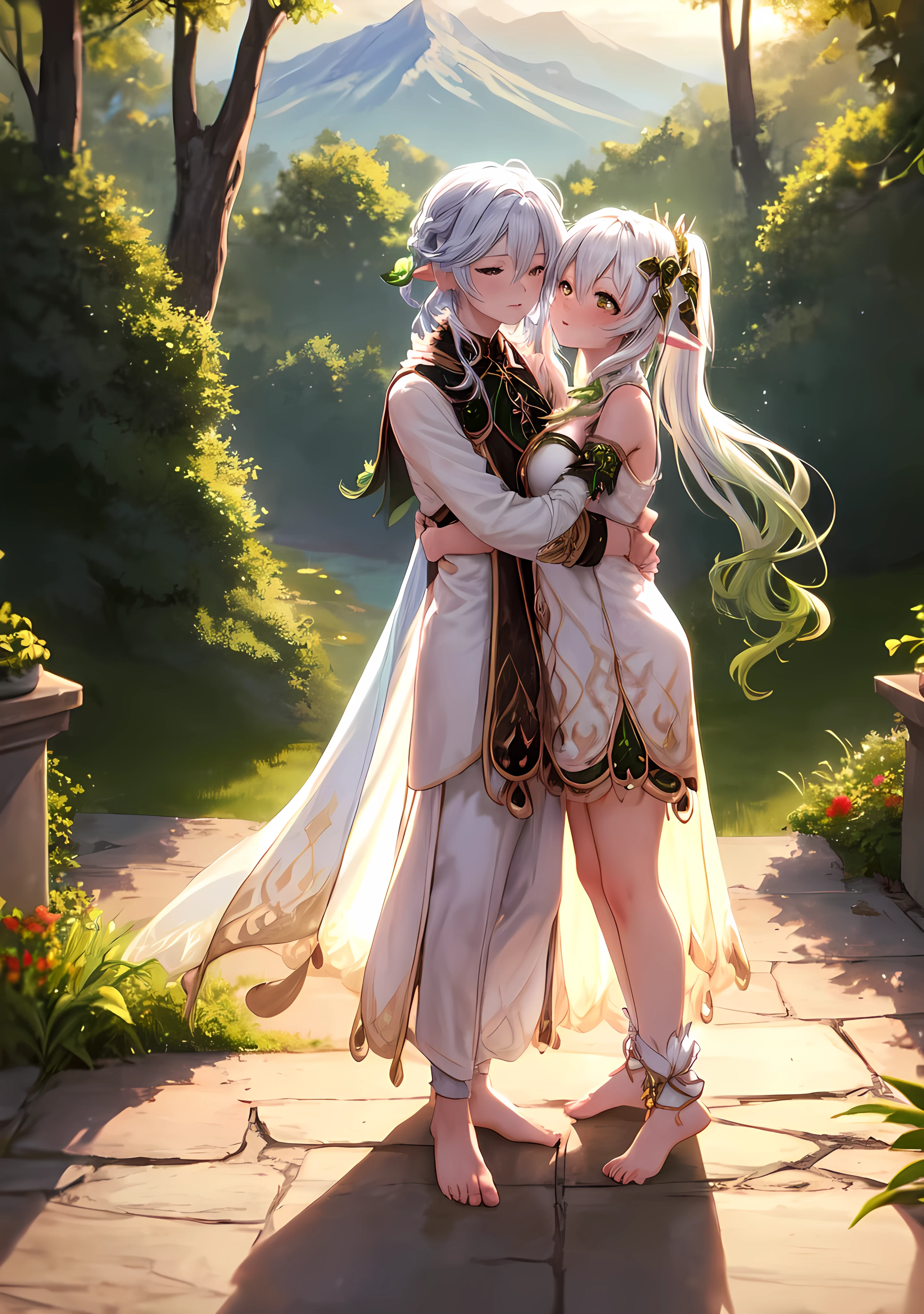(best quality,4k,masterpiece:1.2), (Charater:Nahida genshin impact), romantic atmosphere,couple cuddling,sunset view,mountain background,Valentine's Day theme,vivid colors,sharp focus,soft lighting,glowing horizon,gentle breeze,love in the air,serene ambiance,sublime landscape,heart-shaped clouds,whispering trees,melting colors,soothing hues,warm hues,passionate embrace,eternal love,golden sunlight,warmth of love,gentle shadows,tranquil setting,blissful moment,lovers' paradise,emotional connection,unforgettable memory,sweet tenderness,magical aura,harmony and peace,serene love,sweet serenity,dreamlike beauty,sacred bond,unbreakable connection,perfect harmony,dancing hearts