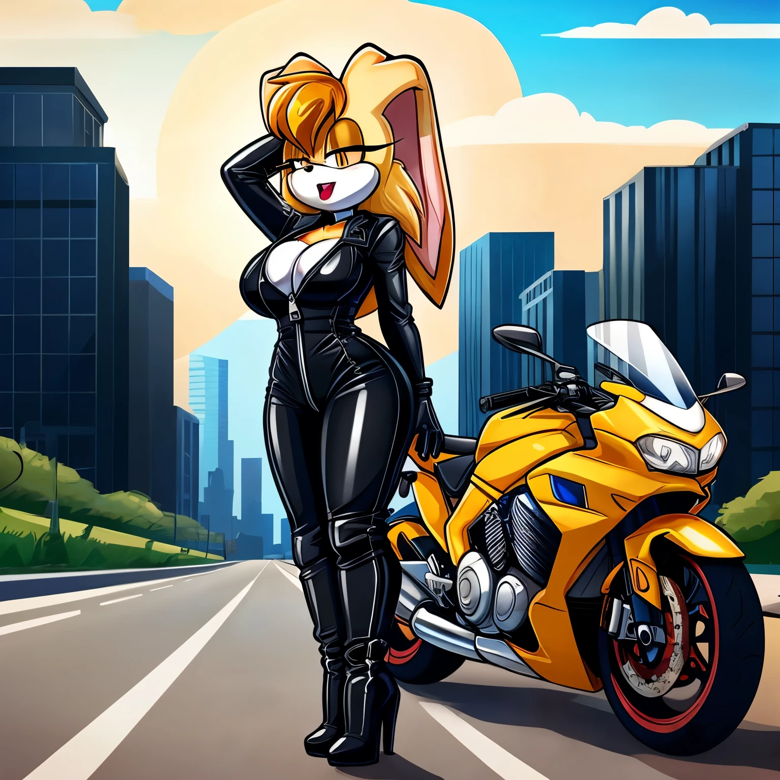 score_9, score_8_up, 2D, flat color, city background, side of highway, motorcycle behind, standing, 1girl, very detailed, extremely detailed, Vanilla the Rabbit from the sonic the hedgehog series, portrait, above shoulder, looking down, puzzled expression, confused, sound lines, open mouth, little bit of lipstick, (makeup), hair down, (long hair), biker, (black long sleeve leather jumpsuit), (black high-heel leather boots), black gloves, zipper slightly open, cleavage, large bust, milf, arms up, hands clenched