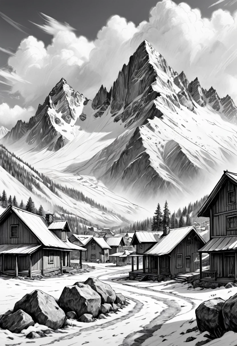 black and white sketch, pencil sketch, retail, 8k, landscape, rocky snow-capped mountains, clouds, valley settlement, pencil style