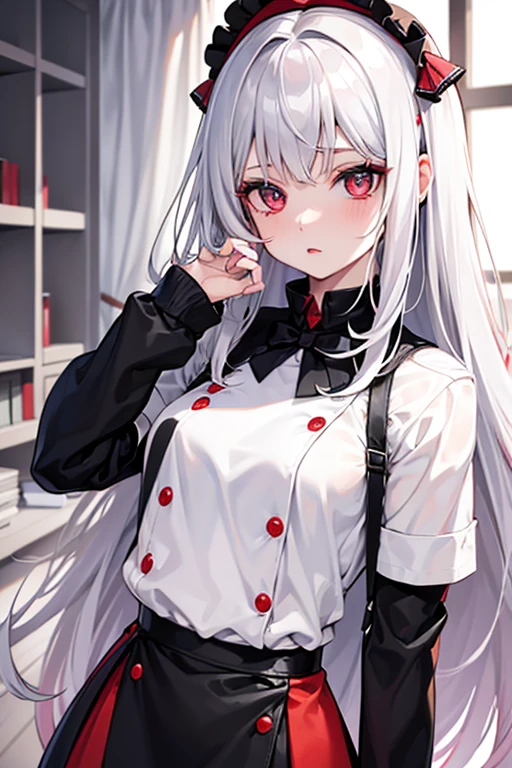 Girl, cherry coloured eyes, pale skin, silver hair, black and red clothing, cute