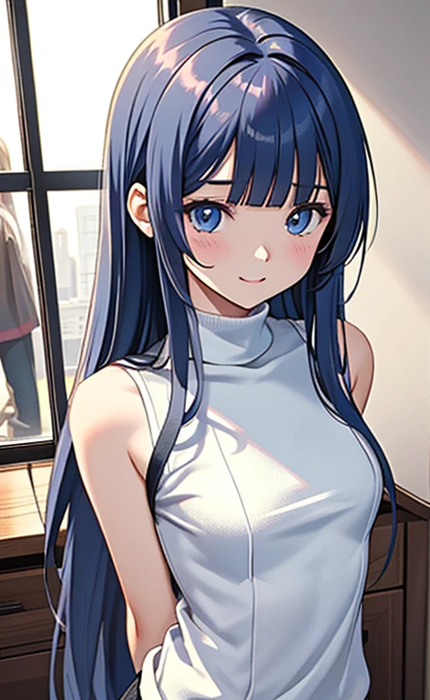 1girl, top half body, breasts, looking at viewer, blushes, blue eyes, long hair, blue-purple hair, big bobs, smile, daytime, sun rays, outside, black and red dress, leaning portrait of an anime person, aesthetic, wlop, trending on artstation, deviantart, anime key visual, 8k uhd