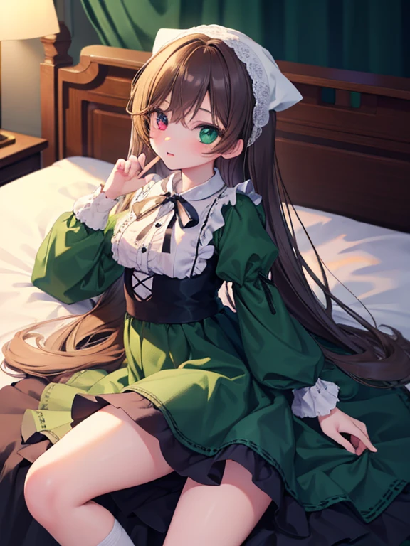 masterpiece, highest quality, Very detailed, 16k, Ultra-high resolution, Cowboy Shot, One 12-year-old girl, Detailed face, Perfect Fingers, suiseiseki,  bonnet, head scarf, heterochromia, green dress, neck ribbon, twin drills, white socks, shoes, Western-style building, classical European style bedroom, Lying down