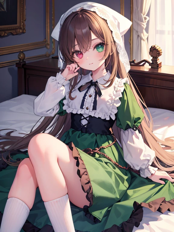 masterpiece, highest quality, Very detailed, 16k, Ultra-high resolution, Cowboy Shot, One -yeld gi Detailed face, Perfect Fingers, suiseiseki,  bonnet, head scarf, heterochromia, green dress, neck ribbon, twin drills, white socks, shoes, Western-style building, classical European style bedroom, Lying down