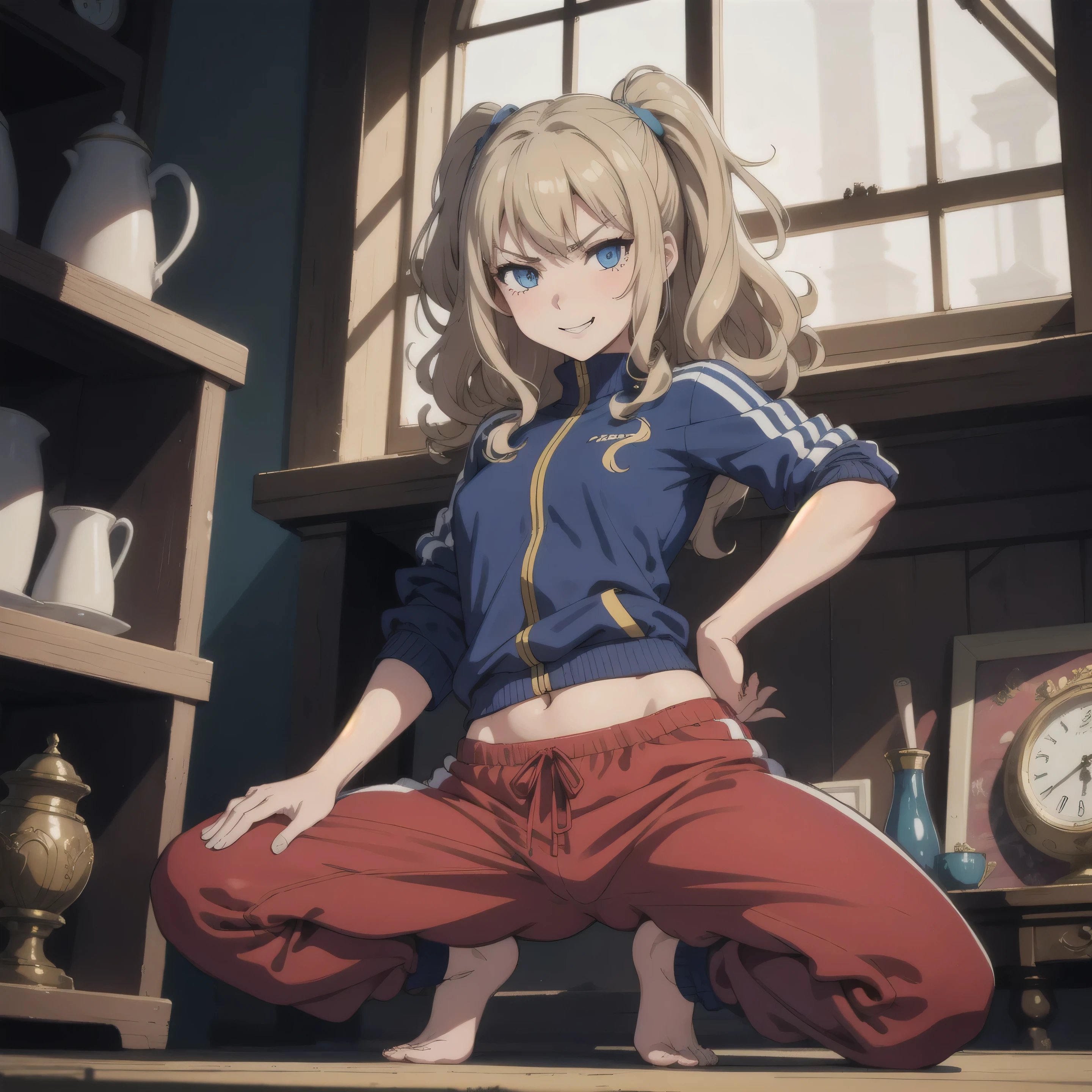 1girl, angry, curly hair, looking at viewer,(beautiful detailed blue eyes), (Persona), squatting, spread legs,amagi_yukiko, over size(track suit pants), (hand on hips), from below, (line off), (beautiful antique shop room), small open Window, barefoot, smile, ((Shake your hips left and right)),