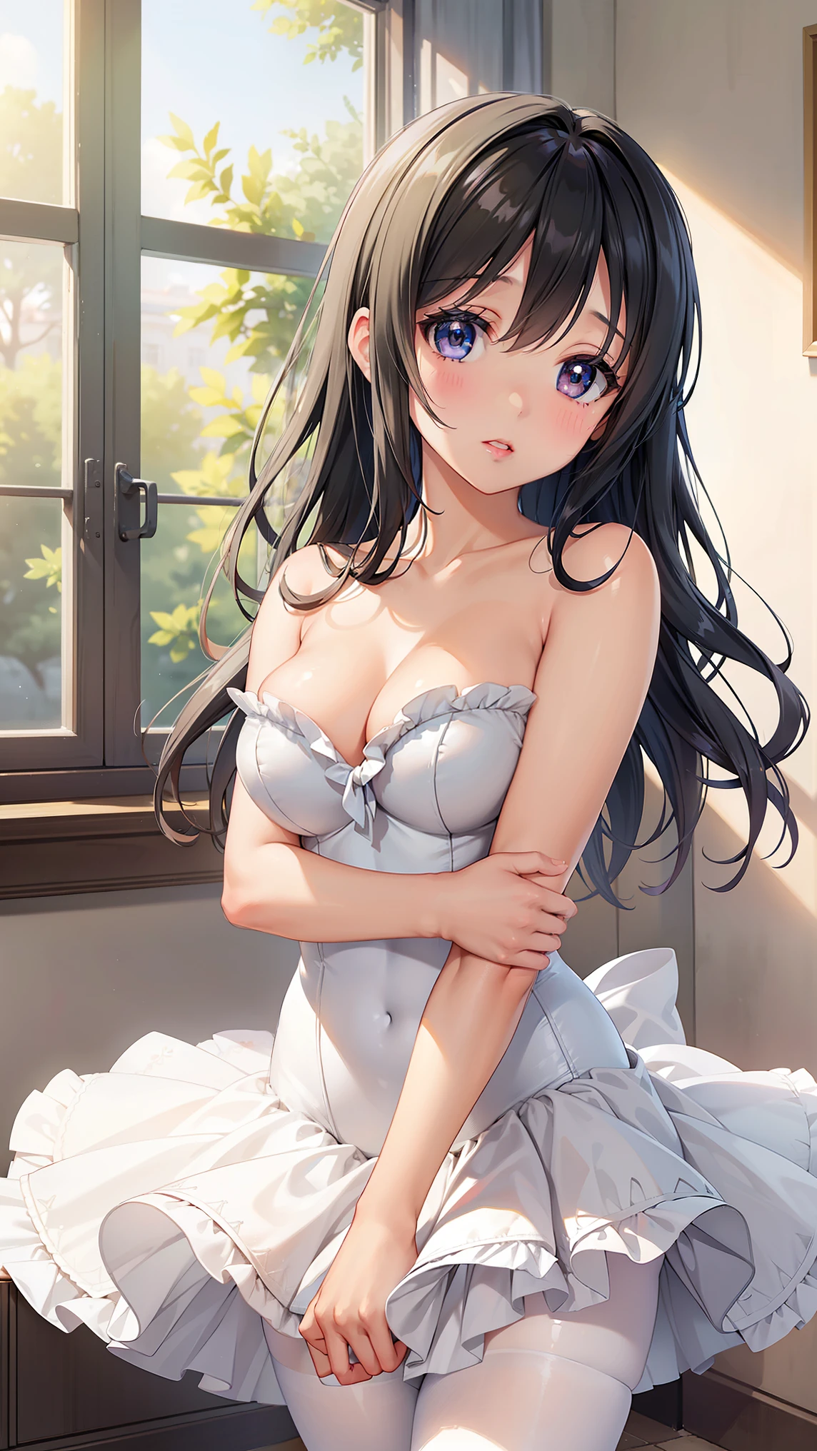 1girl, natural lighting, masterpiece, highly detailed, illustration, game CG, absurdres, high quality, beautiful detailed eyes, glossy lips, natural lighting, medium breasts, black hair, curly hair, long bangs, hair between eyes, arisa ayase, aahiyori, strapless leotard, (tutu), white pantyhose, 