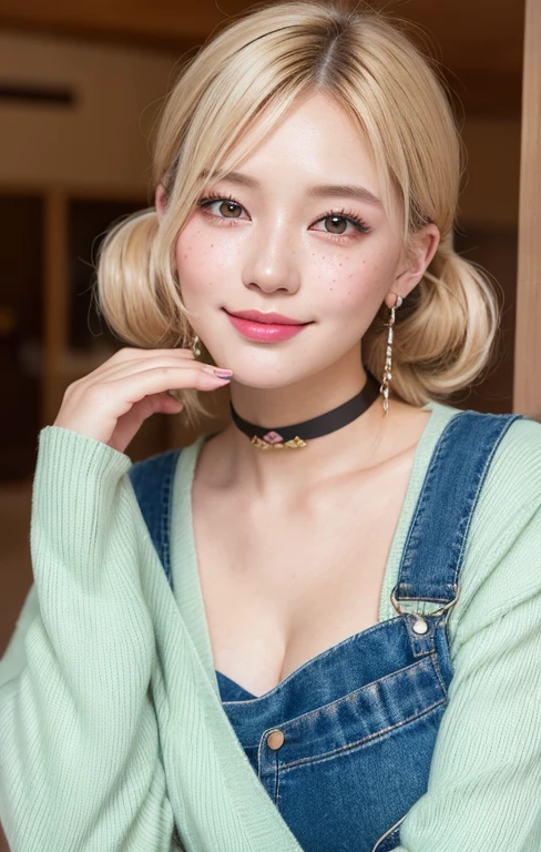 a woman with a heart shaped face, round cheeks, very light freckles and a big cheerful smile, swept bangs, short choppy layers framing face,  blonde hair with blue and green highlights,  color field, colored layers, light iridescent hair color, twintails,  popular korean makeup with peach-pink lips, rosy checks with light freckles, shiny eyeshadow, winged eyeliner, medium breasts, curvy, wide hips, groin, navel, stomach, (cameltoe), sweater, overalls, numerous ear piercings, star  earrings, chocker, nailpolish, soft portrait shot 8 k, inspired by Yanjun Cheng, glowing brown eyes, 8 k realistic digital art, artwork in the style of guweiz, by Russell Dongjun Lu, kawaii realistic portrait, 8k artgerm bokeh, beautiful realistic digital illustration


