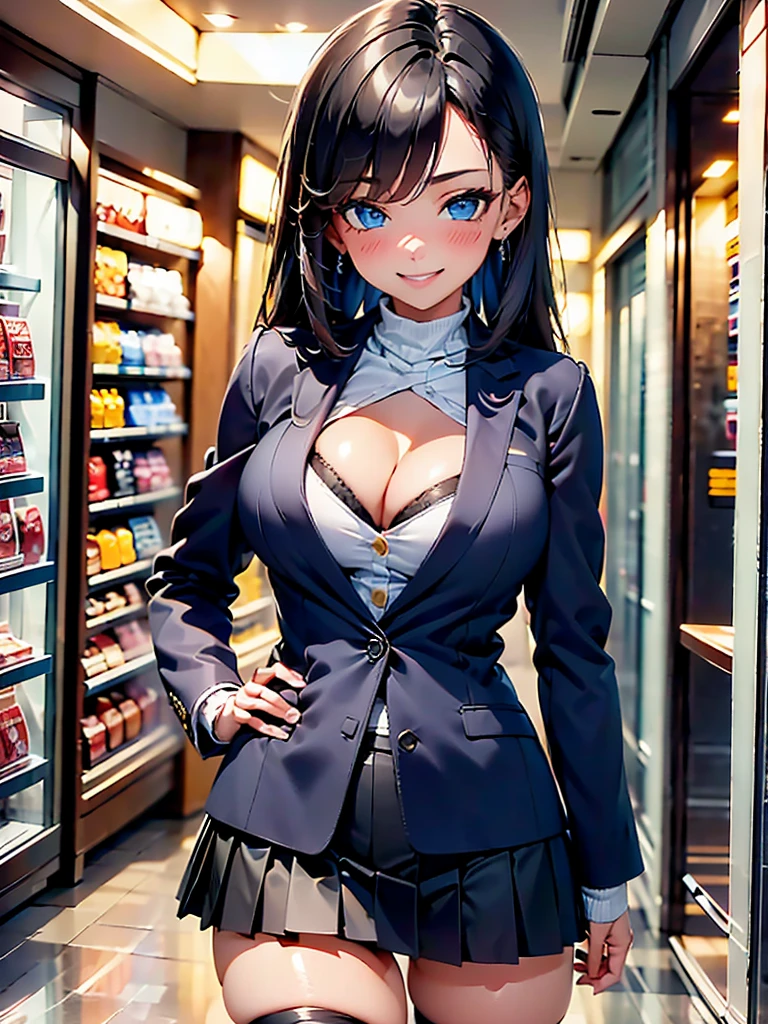 A girl, casual, sexy body, big breasts, cleavage, big hip, stockings, black pleated skirt with white line, white turtleneck shirt, smiling, blushing, beautiful face, detailed face, very detailed eyes, long black hair, blue eyes, full body, high quality, detailed background, high resolution, shopping mall