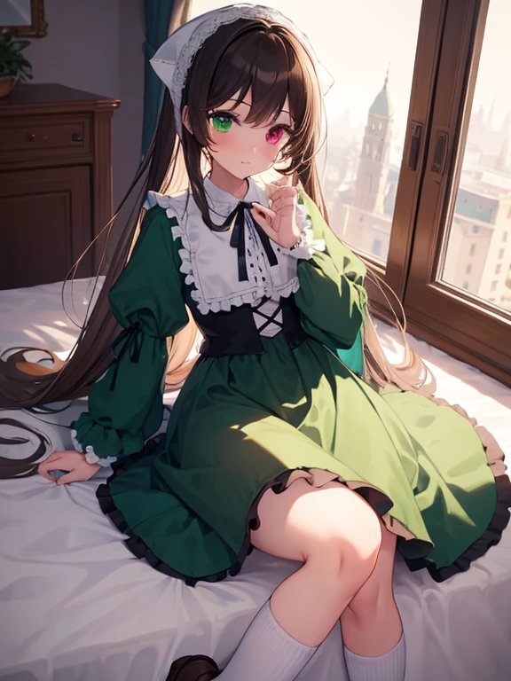 masterpiece, highest quality, Very detailed, 16k, Ultra-high resolution, Cowboy Shot, One 12-year-old girl, Detailed face, Perfect Fingers, suiseiseki, bonnet, head scarf, heterochromia, green dress, neck ribbon, twin drills, white socks, shoes, Western-style building, classical European style bedroom, Lying down
