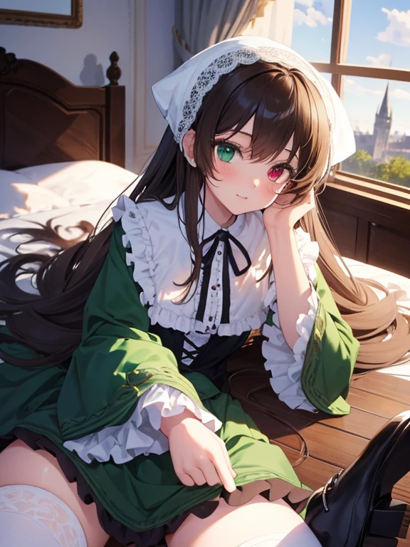 masterpiece, highest quality, Very detailed, 16k, Ultra-high resolution, Cowboy Shot, One 12-year-old girl, Detailed face, Perfect Fingers, suiseiseki,  bonnet, head scarf, heterochromia, green dress, neck ribbon, twin drills, white socks, shoes, Western-style building, classical European style bedroom, Lying down