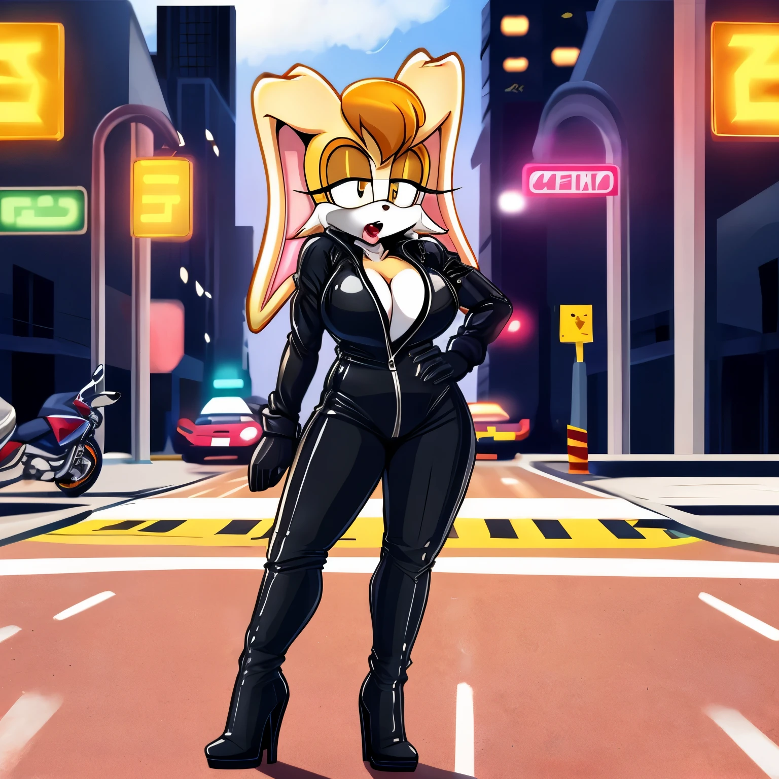 score_9, score_8_up, 2D, flat color, city background, side of highway, motorcycle behind, standing, 1girl, very detailed, extremely detailed, Vanilla the Rabbit from the sonic the hedgehog series, portrait, above shoulder, looking down, puzzled expression, confused, embarrassed, sound lines, open mouth, little bit of lipstick, (makeup), hair down, (long hair), biker, (black long sleeve leather jumpsuit), (black high-heel leather boots), black gloves, zipper slightly open, cleavage, large bust, milf, hands up, clenched hands
