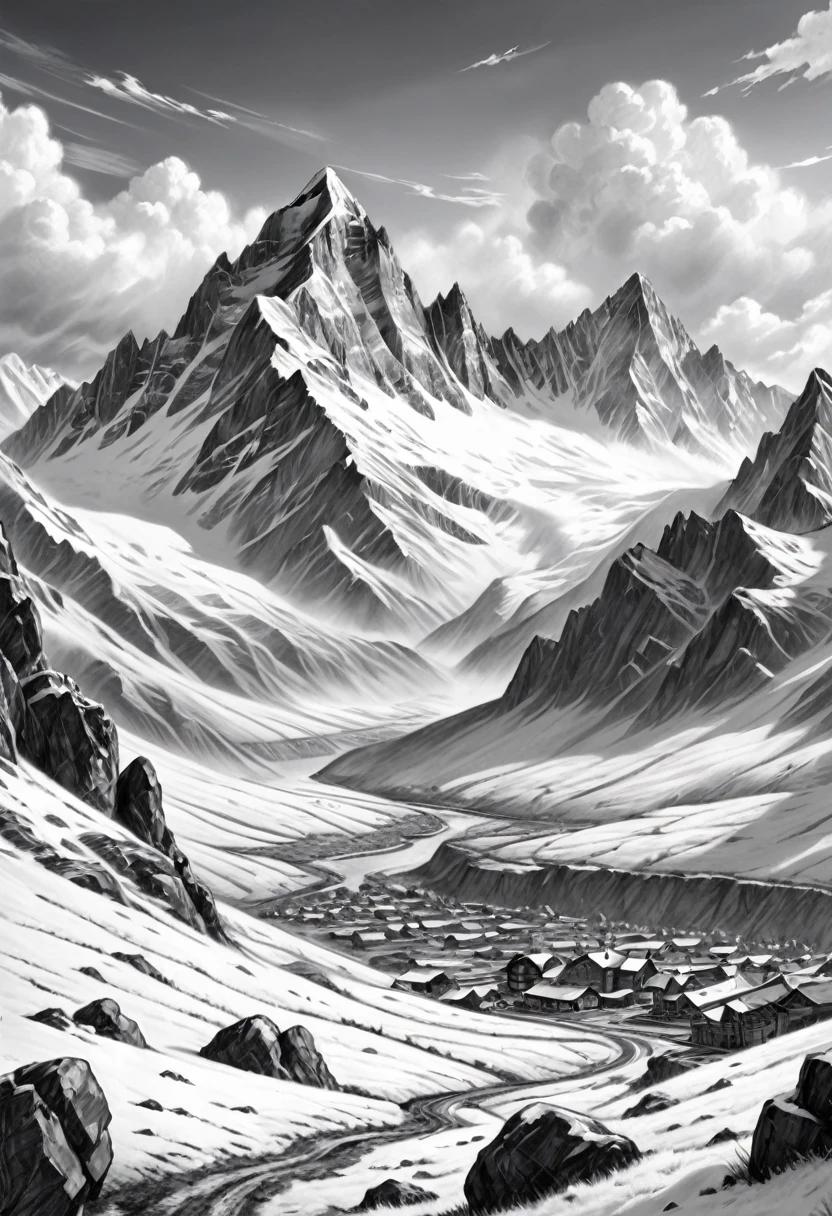 (best quality,8k,highres,masterpiece:1.2),black and white sketch,pencil sketch,landscape,retail,rocky snow-capped mountains,detailed clouds,cloudy valley,settlers in the valley,detailed pencil strokes,pencil style