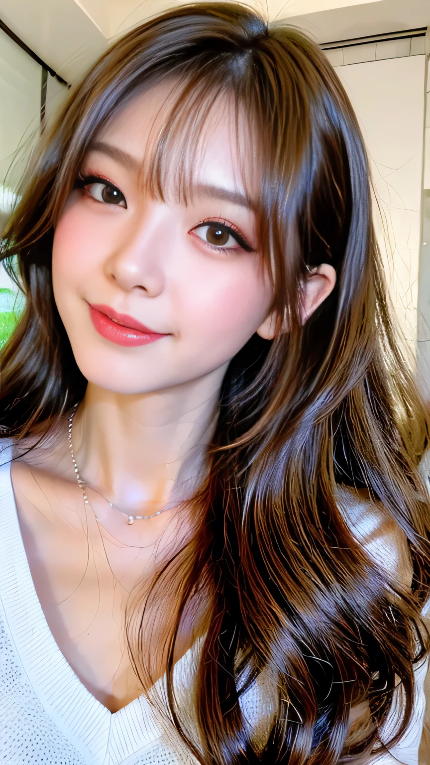 Full Body Angle、((highest quality, 8K, masterpiece: 1.3)), concentrated: 1.2, Cute girl 1,Nipples erect、 Perfect beauty: 1.4,Crisscross V-neck T-shirt, Casual summer short sleeve t-shirt: 1.2,Long sleeve、Randall Color、comics&Text Graphics、Black ruffle-trimmed drawstring zip blouse,1.1, Highly detailed face and skin textures, Fine grain, double eyelid, whitening skin, ,highest quality,Ultra-high resolution,you,1 girl,alone,_Shiny_skin,Iris,necklace,((Brown_length_Wavy_hair)),(lips)),eyelash,Front hair,deal with,compensate,Shiny,pore,skin texture,Large Breasts、smiling face、