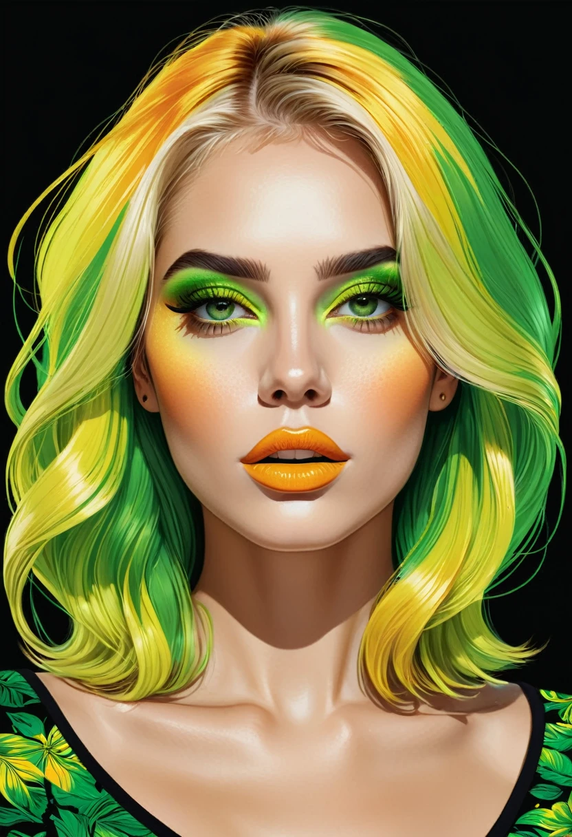 The image features a digital illustration of a woman with blonde hair and green and yellow highlights. Lleva una blusa verde y tiene ojos verdes brillantes y labios anaranjados. El fondo es negro.