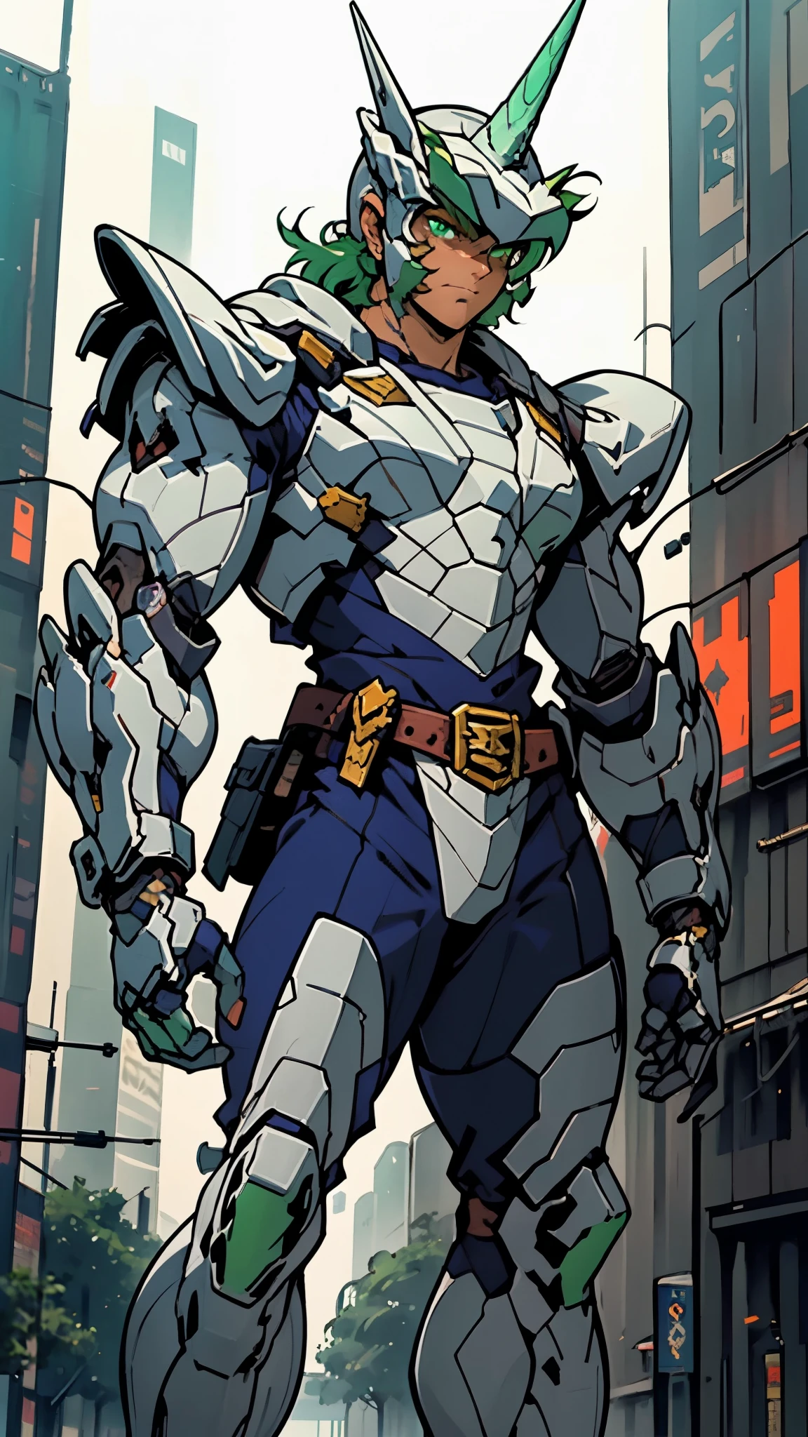 A man wearing a full-face helmet, a fantasy-style biotech armored combat suit, green eyes, (a composite layered chest armor), fully enclosed shoulder guards, matching arm and leg guards, the belt is adorned with Horseshoe-shaped marker, (the color scheme is primarily white with green accents), the design balances heavy with agility, a high-tech bio-mecha armor, (Armor Concept Inspired by Unicorn, stand on the top of a skyscraper in a futuristic sci-fi city), this character embodies a finely crafted fantasy-surreal style armored hero in anime style, exquisite and mature manga art style, (battle damage, element, plasma, energy, the armor glows), ((male:1.5)), metallic, real texture material, dramatic, high definition, best quality, highres, ultra-detailed, ultra-fine painting, extremely delicate, professional, perfect body proportions, golden ratio, anatomically correct, symmetrical face, extremely detailed eyes and face, high quality eyes, creativity, RAW photo, UHD, 32k, Natural light, cinematic lighting, masterpiece-anatomy-perfect, masterpiece:1.5