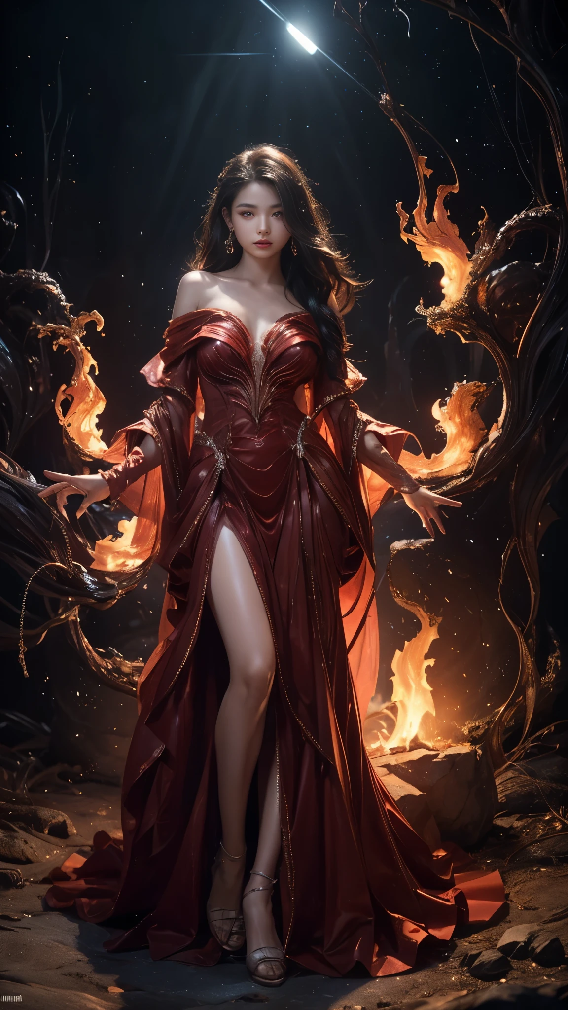 Full figure, seven -clinging shooting, 18 years old, wearing transparent science fiction dress, exquisite faces, details, hands, ultimate details, amazing magnificence, LED internal lighting, Pedaipan style, fiber hair, glowing red iris, glowing red iris, slightly chubby full body view, fierce look right hand holding a fire gem bioluminescence 