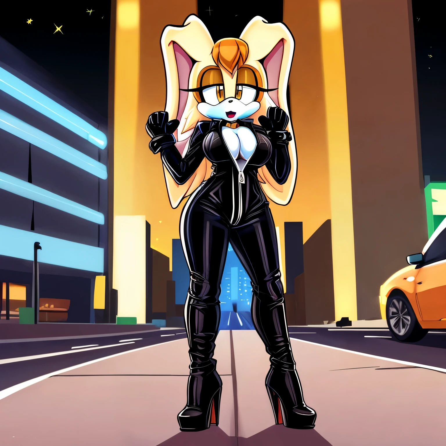 score_9, score_8_up, 2D, flat color, city background, side of highway, motorcycle behind, standing, 1girl, very detailed, extremely detailed, Vanilla the Rabbit from the sonic the hedgehog series, portrait, above shoulder, ((looking down at herself)), (puzzled expression), (nervous), (embarrassed), sound lines, open mouth, makeup, hair down, (long hair), biker, (black long sleeve leather jumpsuit), (black high-heel leather boots), black gloves, zipper slightly open, cleavage, large bust, milf, ((hands up)), ((clenched hands))