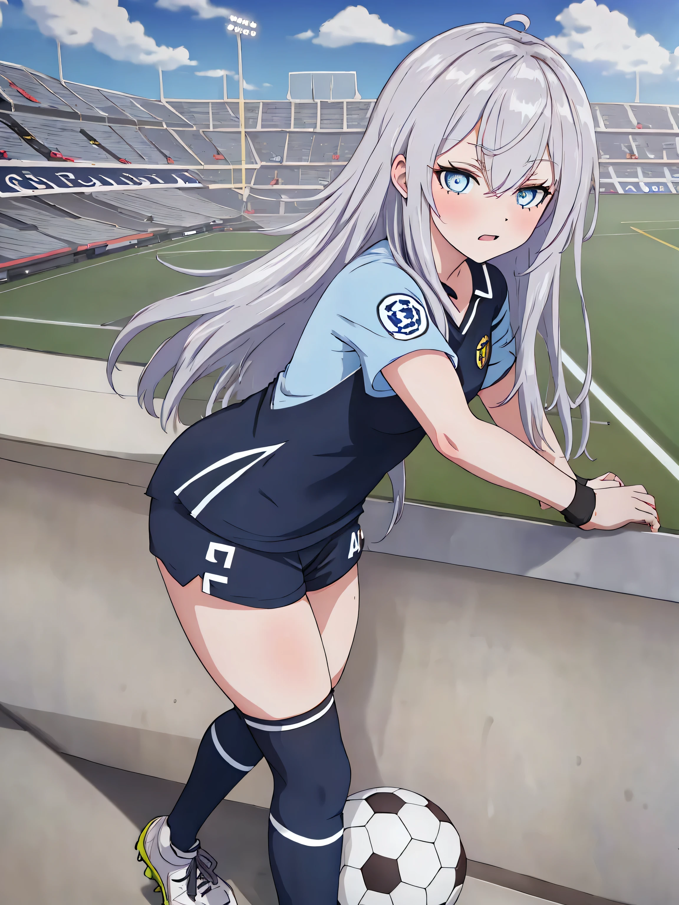 1alisa, solo, blue eye, manchester city uniform, black highsocks, kick a soccer ball, football stadium, (masterpiece), (best quality), (extremely intricate)