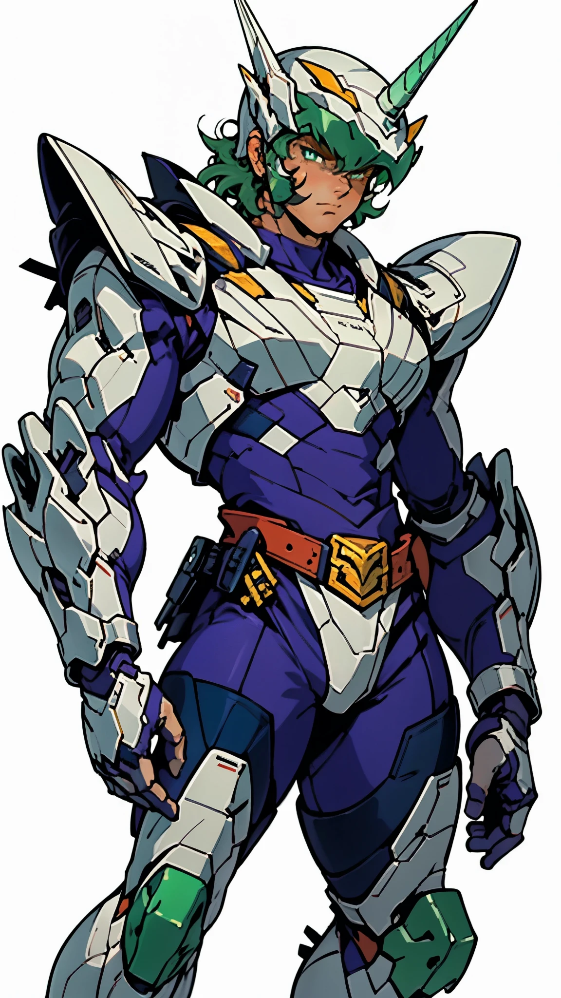 A man wearing a full-face helmet, a fantasy-style biotech armored combat suit, green eyes, (a composite layered chest armor), fully enclosed shoulder guards, matching arm and leg guards, the belt is adorned with Horseshoe-shaped marker, (the color scheme is primarily white with green accents), the design balances heavy with agility, a high-tech bio-mecha armor, (Armor Concept Inspired by Unicorn, stand on the top of a skyscraper in a futuristic sci-fi city), this character embodies a finely crafted fantasy-surreal style armored hero in anime style, exquisite and mature manga art style, (battle damage, element, plasma, energy, the armor glows), ((male:1.5)), metallic, real texture material, dramatic, high definition, best quality, highres, ultra-detailed, ultra-fine painting, extremely delicate, professional, perfect body proportions, golden ratio, anatomically correct, symmetrical face, extremely detailed eyes and face, high quality eyes, creativity, RAW photo, UHD, 32k, Natural light, cinematic lighting, masterpiece-anatomy-perfect, masterpiece:1.5