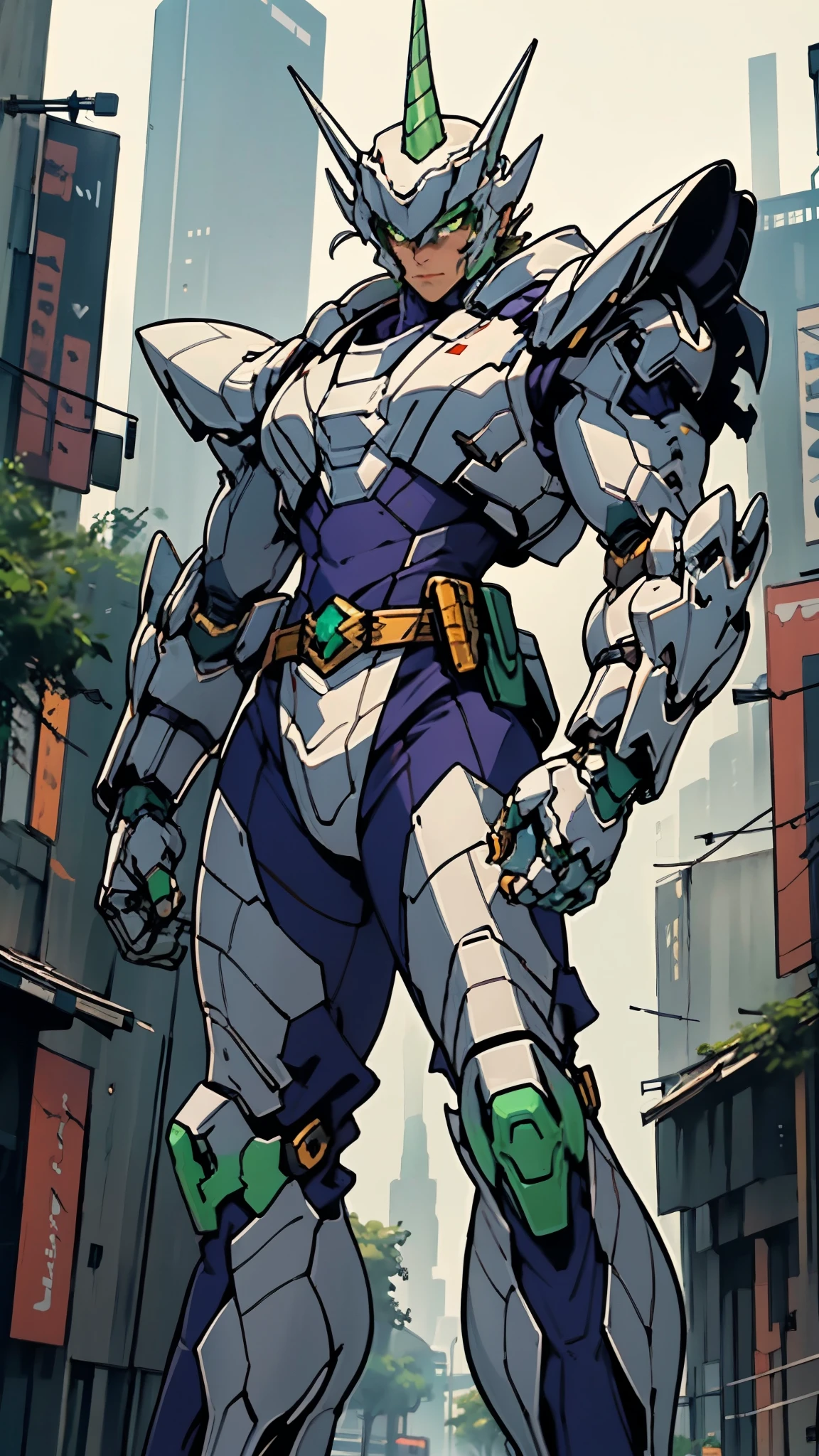 A man wearing a full-face helmet, a fantasy-style biotech armored combat suit, green eyes, (a composite layered chest armor), fully enclosed shoulder guards, matching arm and leg guards, the belt is adorned with Horseshoe-shaped marker, (the color scheme is primarily white with green accents), the design balances heavy with agility, a high-tech bio-mecha armor, (Armor Concept Inspired by Unicorn, stand on the top of a skyscraper in a futuristic sci-fi city), this character embodies a finely crafted fantasy-surreal style armored hero in anime style, exquisite and mature manga art style, (battle damage, element, plasma, energy, the armor glows), ((male:1.5)), metallic, real texture material, dramatic, high definition, best quality, highres, ultra-detailed, ultra-fine painting, extremely delicate, professional, perfect body proportions, golden ratio, anatomically correct, symmetrical face, extremely detailed eyes and face, high quality eyes, creativity, RAW photo, UHD, 32k, Natural light, cinematic lighting, masterpiece-anatomy-perfect, masterpiece:1.5