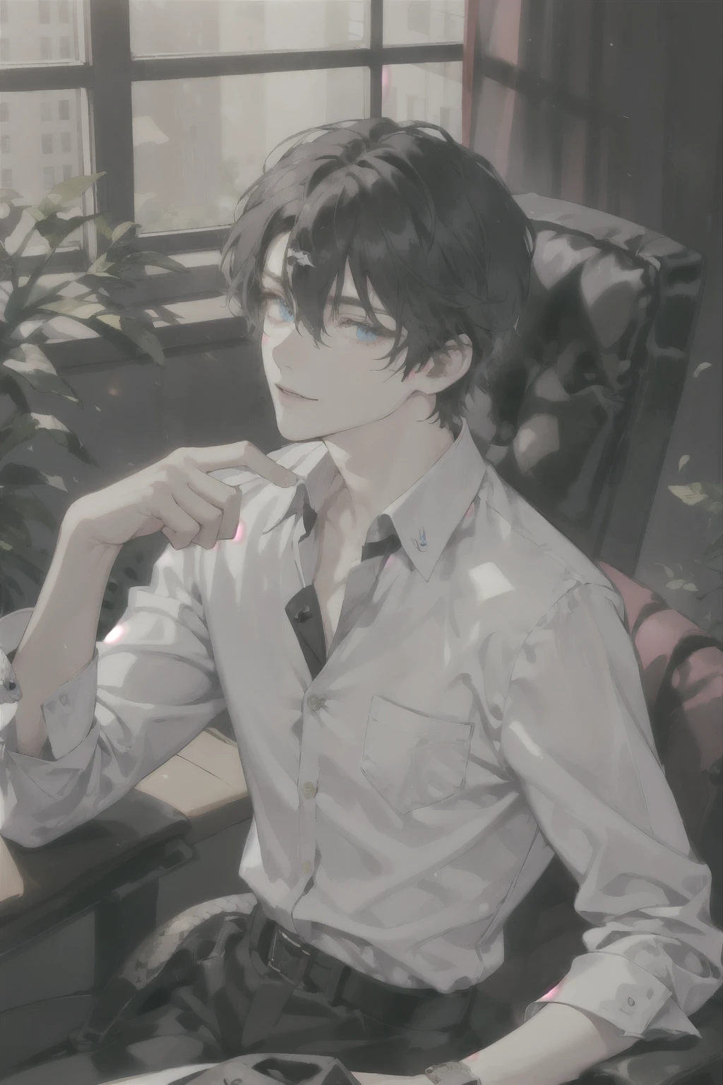 masterpiece, best quality, ultra detailed, (solo man), (male focus), ((Oblong face)), ((Square jawline)), black hair, ((hairs between eyes)), ((shoulder length)), ((narrow blue eye)), fair skin, skinny body, beauty mark, {uniform, outfit, clothes}, dress shirt, watch, ((big albino snake tangled)), (Giving an insincere smile:0.7), Making a secret deal, sitting on chair