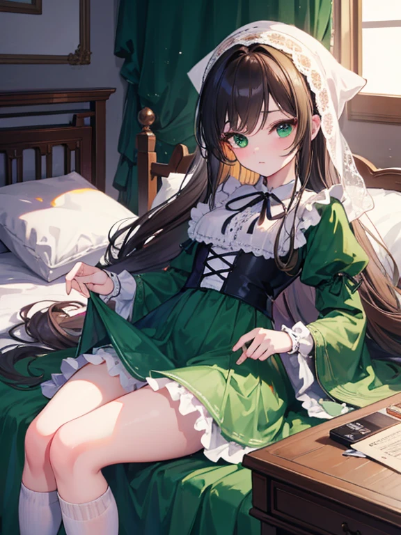 masterpiece, highest quality, Very detailed, 16k, Ultra-high resolution, Cowboy Shot, One , Detailed face, Perfect Fingers, suiseiseki, bonnet, head scarf, heterochromia, green dress, neck ribbon, twin drills, white socks, shoes, Western-style building, classical European style bedroom, Lying down
