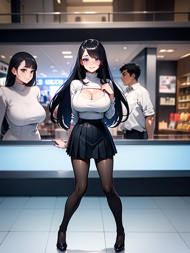 A girl, casual, sexy body, big breasts, cleavage, big hip, stockings, black pleated skirt with white line, white turtleneck shirt, smiling, blushing, beautiful face, detailed face, very detailed eyes, long black hair, blue eyes, full body, high quality, detailed background, high resolution, shopping mall