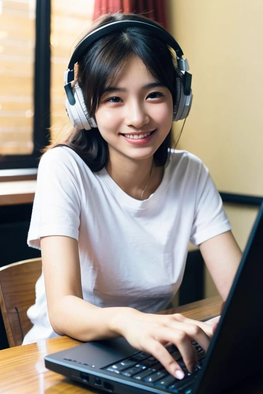 Front view of an Asian female student in her 20s wearing a T-shirt, smiling, wearing headphones and looking at a laptop computer while learning a foreign language in her home study room