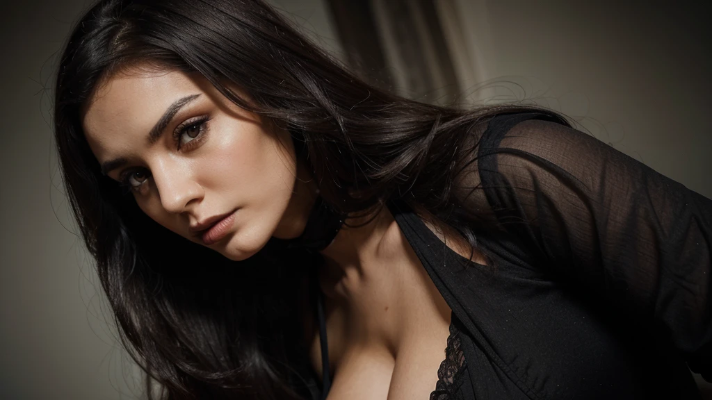 gothic woman, with a lot of curves, long dark hair, ultra realistic, detailed face