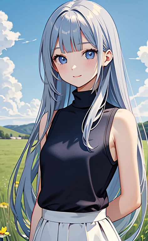 (masterpiece:1.4、top-quality、illustration)、(character focus、,upper body:1.3)、(1girl),(happy:1.3),(exact limbs:1.4),cute face,blue eyes、(tareme:1.3)、(arms behind back),
(),(stand:1.4),、
(blue grey hair),(long hair:1.5)、
,(meadow:1.3),(sleeveless turtleneck sweater:1.5),
(blunt bangs),(sidelocks:1.3), (small breasts)、
、slender、