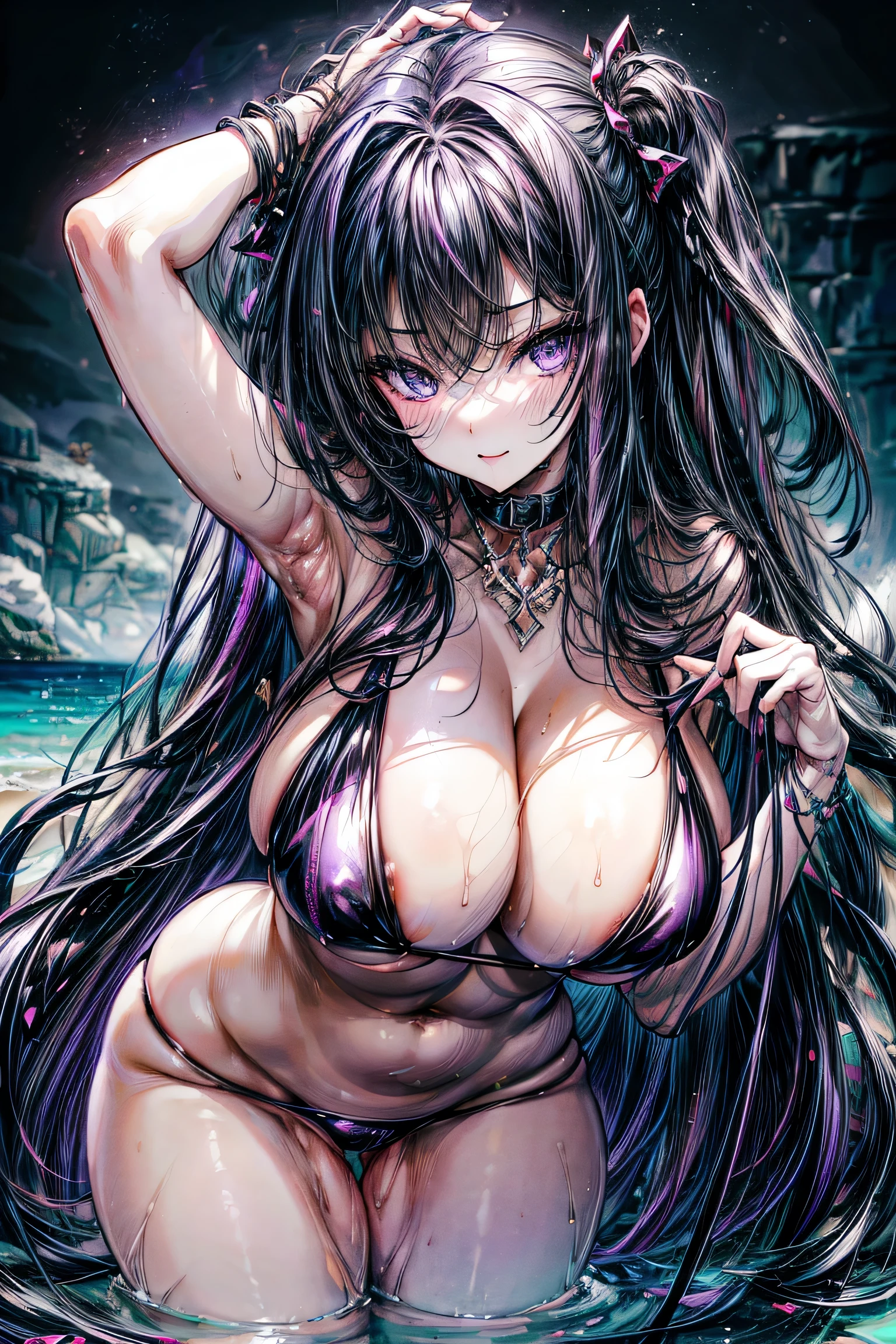 absurdres, high res, ultrasharp, 8K, masterpiece, looking at viewer,1girl, beautiful purple eyes, curvy body, seductive body, black hair, (beautiful face), seductive face, lewd expression, wet body, wearing sexy purple bikini , seductive pose, vibrant colors, chibi, complex details, in the beach