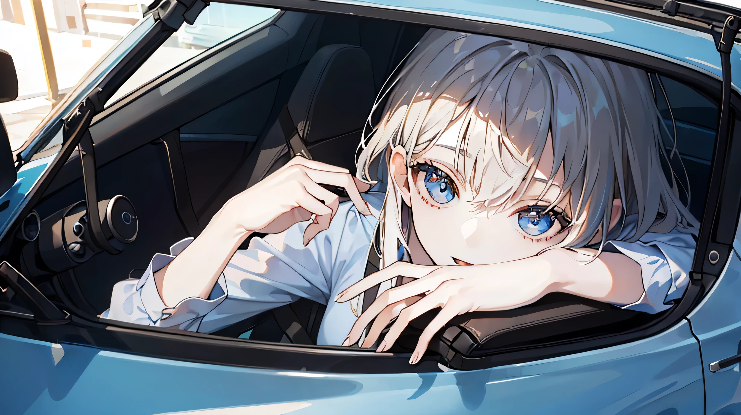 (Anime Pictures、top-quality)、​masterpiece、extremely delicate and beautiful、A highly detailed、nffsw、Unity、2k wallpaper、astonishing、finely detail、Highly detailed ticker Unity 8k wallpaper、ultra-detailliert、hight resolution、absurderes、1girl in、Sit in the driver's seat of the car、Angle from the side、View car navigation system、full-length、（Car navigation screen）、Soft light、a beautiful detailed girl、Detailed finger、Beautiful profile、beautiful detailed nose、beatiful detailed eyes、long eyeslashes、cute little、20yr 、Lifelike face、(A smile、closes mouth)、Two legs with beautiful details, girl naked, giant round beautiful breasts fully exposed, plump Adeola’s exposed, woman naked completely,  