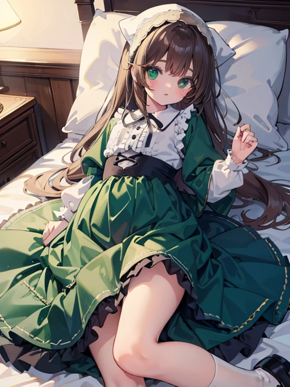 masterpiece, highest quality, Very detailed, 16k, Ultra-high resolution, Cowboy Shot, One ****************, Detailed face, Perfect Fingers, suiseiseki,  bonnet, head scarf, heterochromia, green dress, neck ribbon, twin drills, white socks, shoes, White panties, Western-style building, classical European style bedroom, Lie on your back