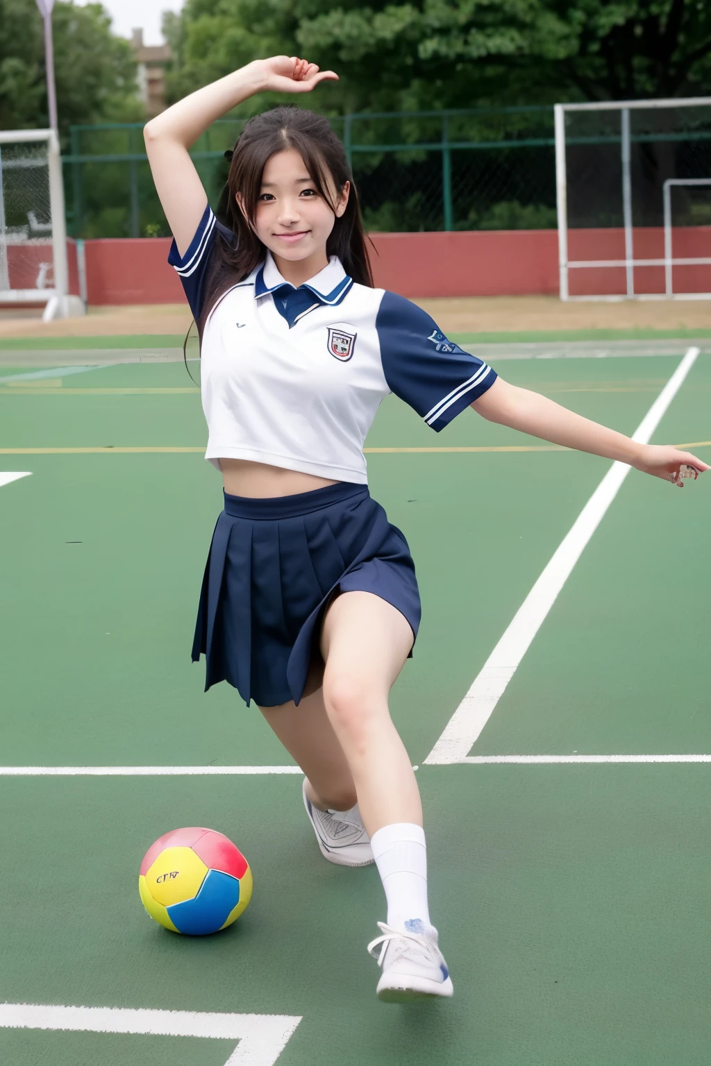School playground、Cute Japan high school girl、Doing exercises in physical education class、Wearing a jersey