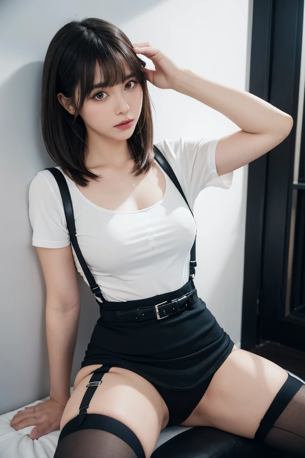 suspenders Large swollen breasts Black mini skirt garter belt Knee-high socks bangs Beauty Hands up Black boots one person Dress shirt Hands Behind Back put your hands behind your back With your hands behind your back Armament holster A room at the Belt Hotel Bed Wall side Armpit sweat Spread your legs Panty shot