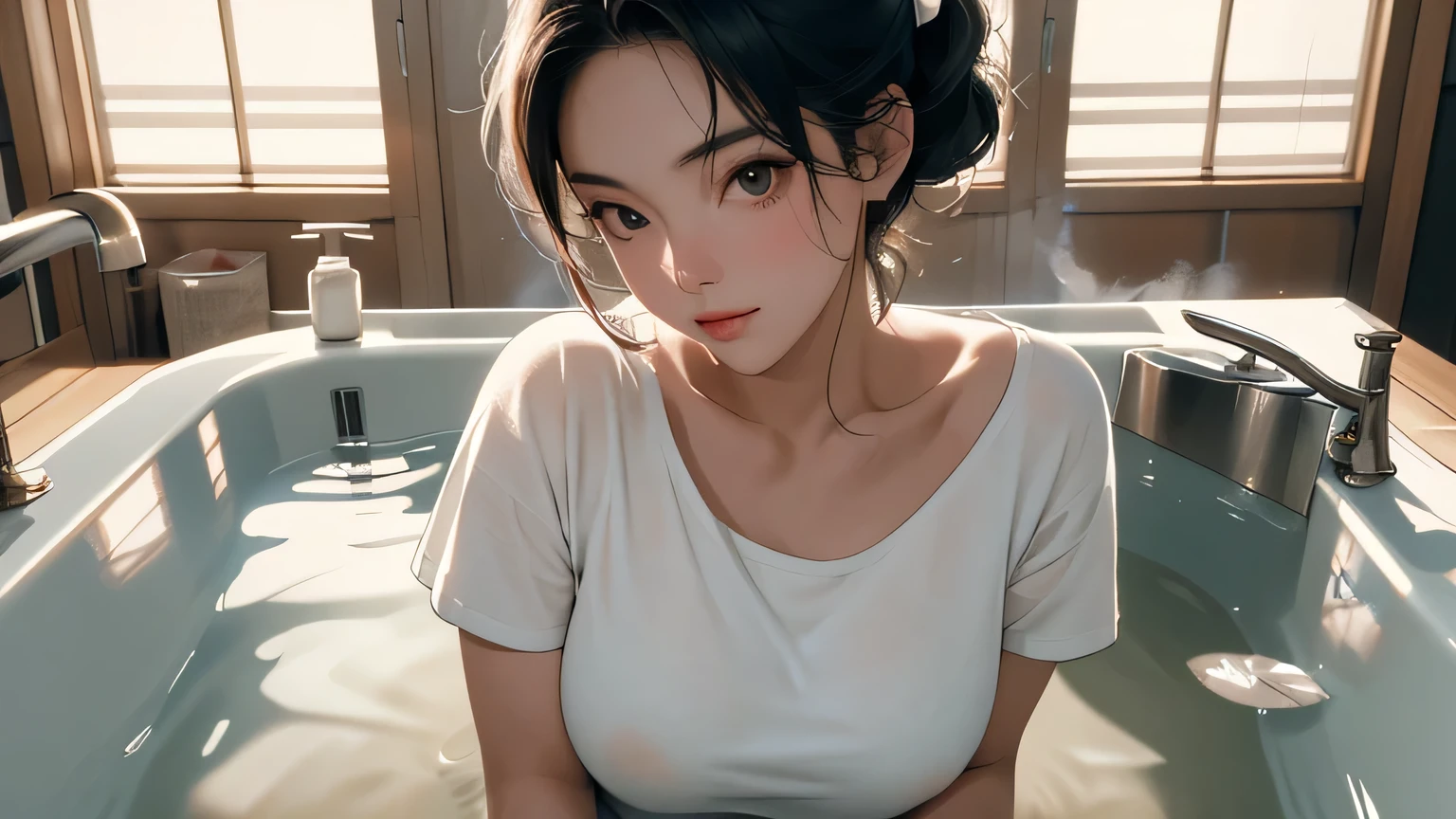 8k, highest quality, super high resolution, 1 female, 1980s pop culture anime style, 21 years old, (masterpiece, high resolution, detailed), Japanese shortcut,, D cup (photorealistic): 1.4), ( famous Japanese actress: 1.2), very beautiful, cute, professional photo, one girl, in the bath,, delicate and beautiful face, various hairstyles, crisp breasts, uneven buttocks, white T-shirt, Nipples are perfect, no panties on, perfect balance, bathroom, steam, bathtub, movie lighting, film grain, Fuji color, contrast between light and dark, 8k, masterpiece, textured skin, super detail, high detail, high quality, high resolution,