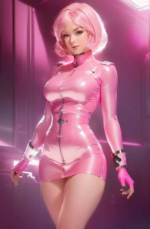 Pink hair Barbie bimbo woman in pink minidress, high heels, standing in luxurious room, young beautiful amouranth, better known as amouranth, smooth pink skin, glamourous cosplay, blonde goddess, lacey, elegant glamouros, pink girl, holding lollipop, large boobs