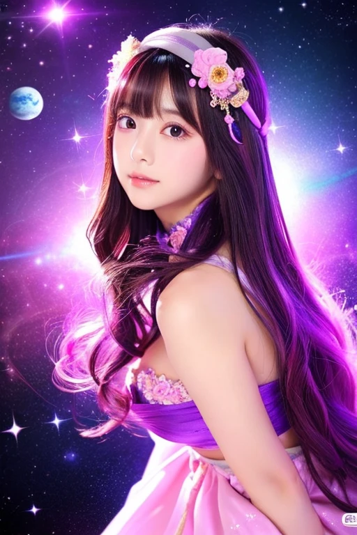 The background is space war、The main background colors are purple and pink、Add some zodiac sign inspiration to the background、
Bewitching beauty、sexy young perfect Japanese