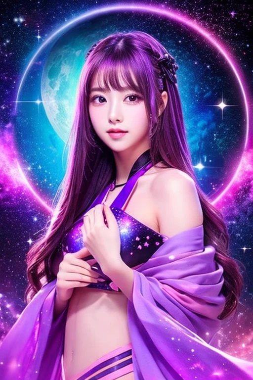 The background is space war、The main background colors are purple and pink、Add some zodiac sign inspiration to the background、
Bewitching beauty、sexy young perfect Japanese