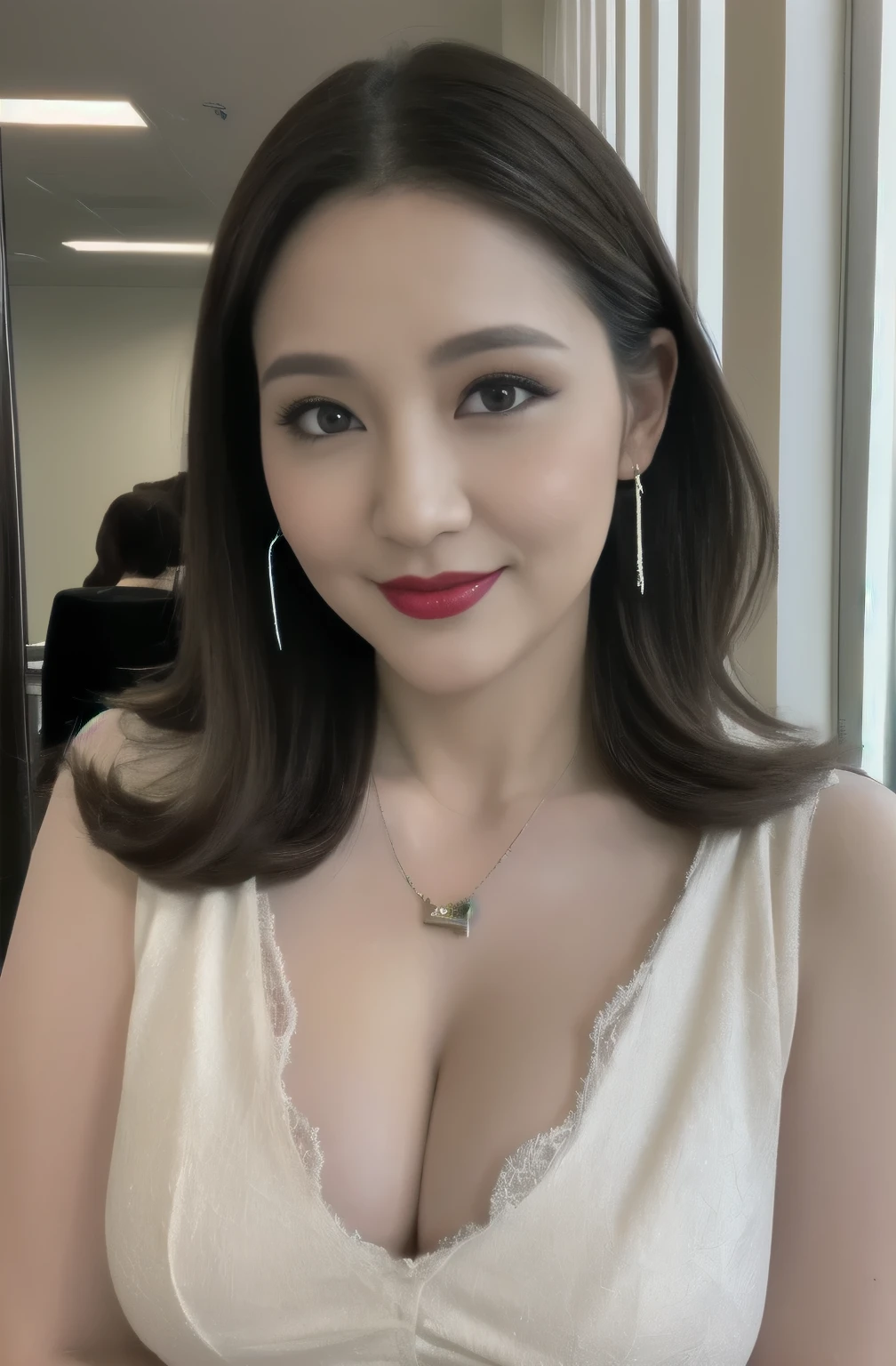 1 Female, Highly detailed 8k wallpaper), Sharp focus, detailed, dramatic, Delicate and beautiful woman, (upturned chest with tension:1.1), Cleavage, Chic lace embossed business dress, Half Butterfly Earrings, double ring necklace, (Wicked Smile:1.05), (45 years old, : 1.4), (heavy, Fat body: 1.4), compensate, (lipstick: 1.1), (eyeliner: 1.2), mascara, eye shadow, Wavy Hair, Dynamic Angle, ( Plus Size Model), (Red lips)Beautiful graphics, Modern office with a view, Wide windows, Please show me your whole body, Standing by the window,